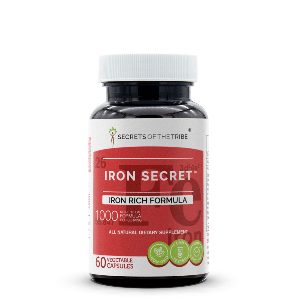 Secrets of The Tribe Iron Secret bottle front view highlighting iron-rich herbal capsules