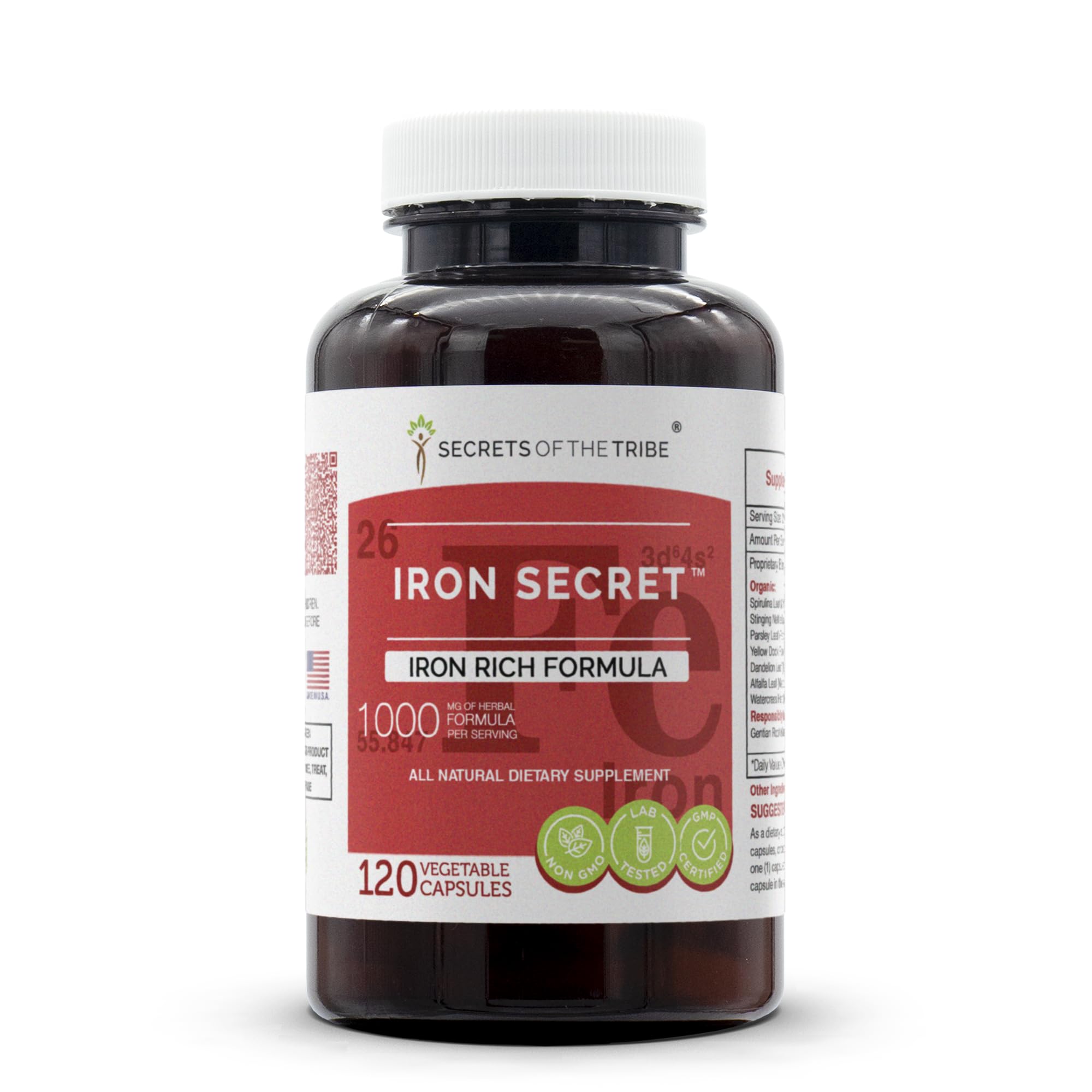 Secrets of the Tribe Iron Secret bottle label close-up shows natural formulation.