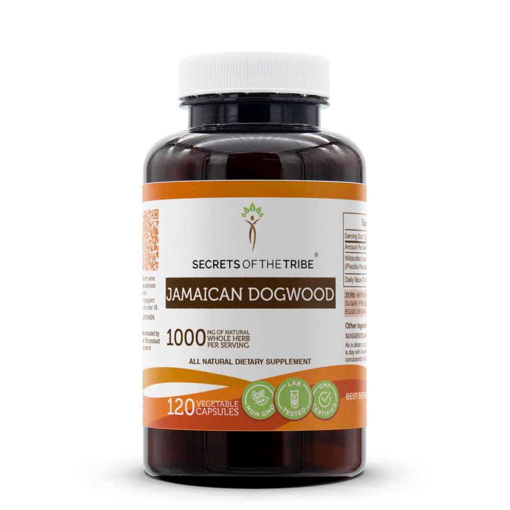 Secrets of the Tribe Jamaican Dogwood bottle front with clear labeling and potent herbal supplement.