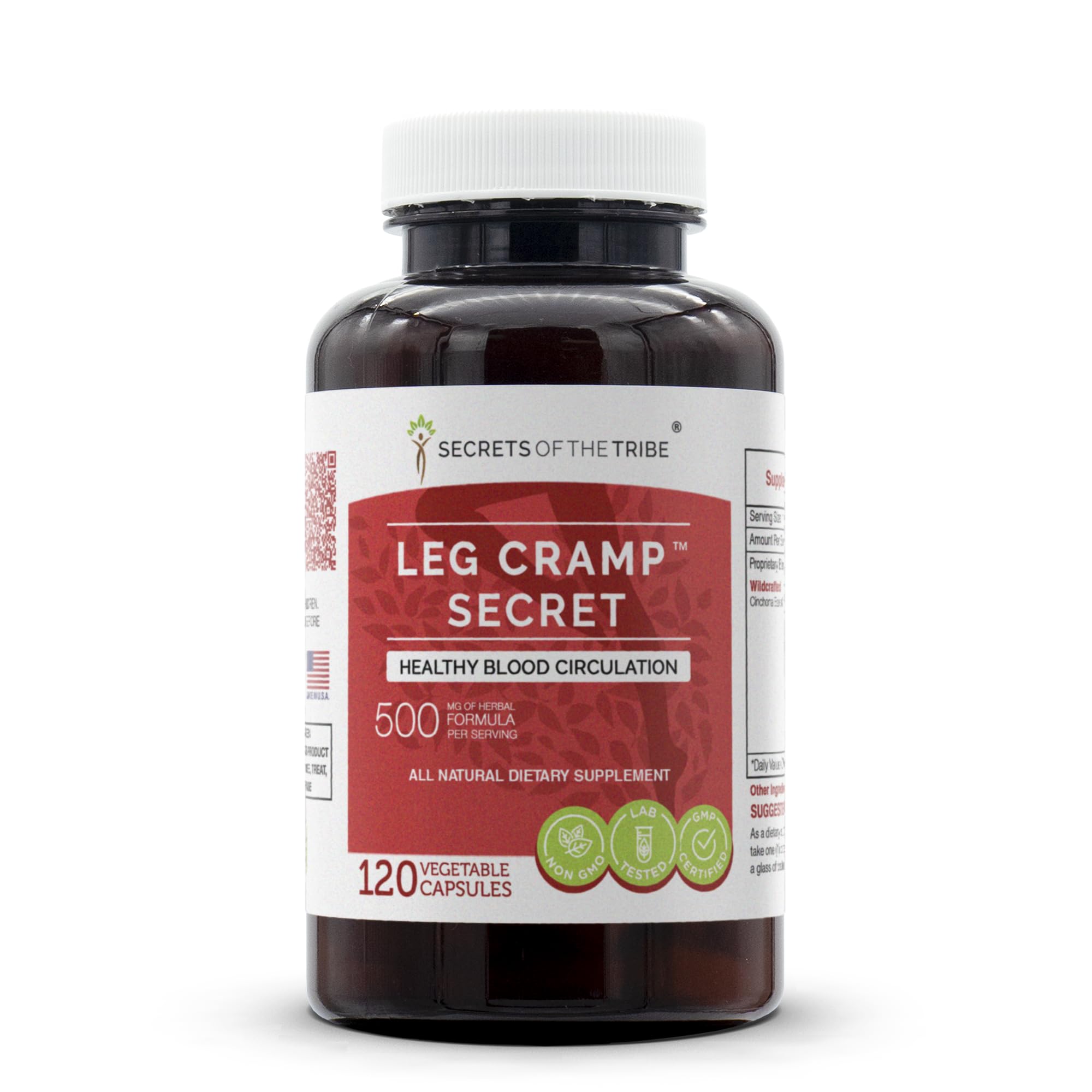 Secrets of the Tribe Leg Cramp Secret bottle front shows high-potency 1000 mg formula.