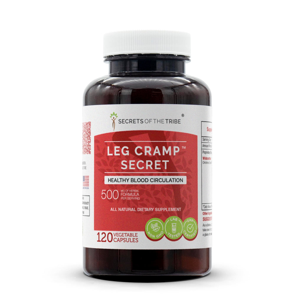 Secrets of the Tribe Leg Cramp Secret bottle front shows high-potency 1000 mg formula.