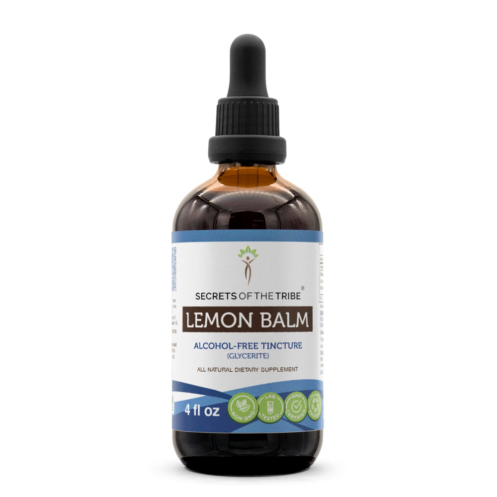 Secrets of the Tribe Lemon Balm tincture bottle front view for easy daily dosing.