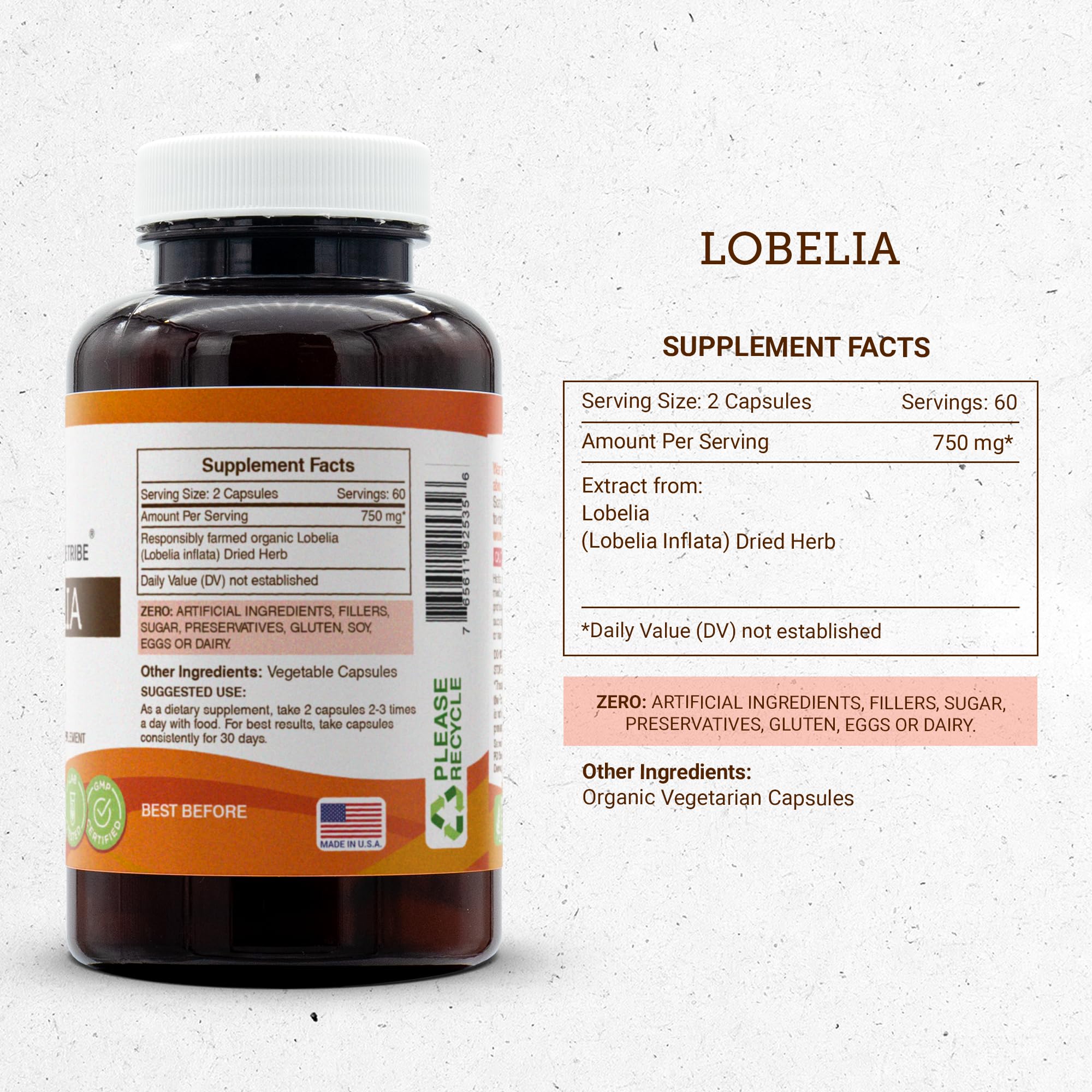 Pour view of Secrets of the Tribe Lobelia capsules indicating easy dosing.