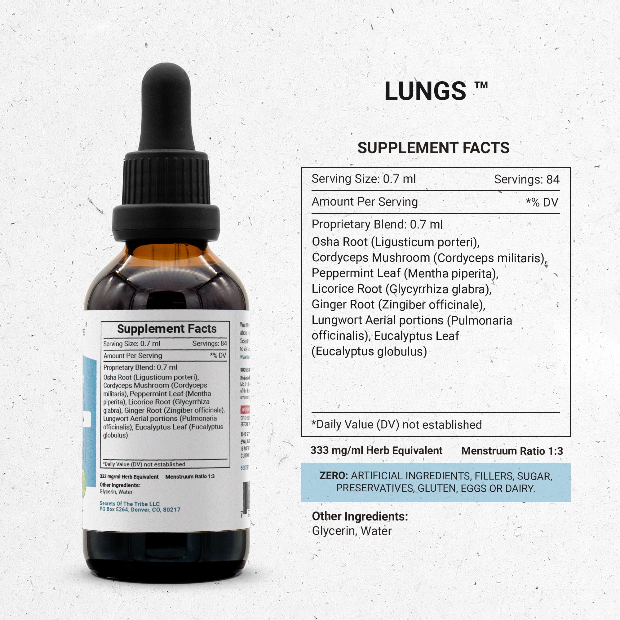 Secrets of the Tribe Lungs Extract ingredients montage featuring peppermint and eucalyptus.