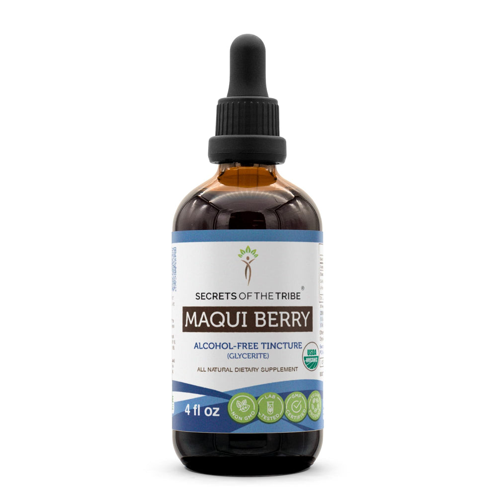Secrets of the Tribe Maqui Berry bottle shows organic, high-potency drops