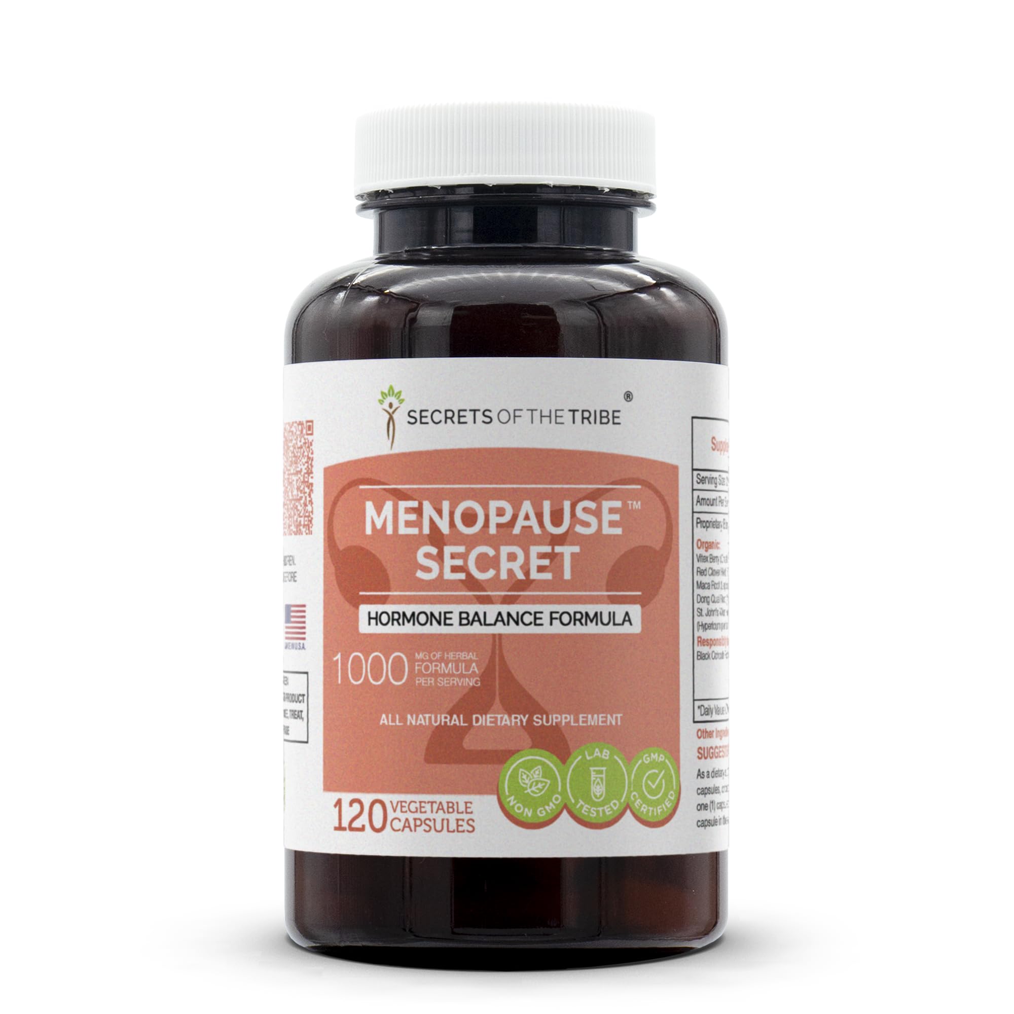 Secrets of the Tribe menopause secret bottle front, highlighting high-potency herbal balance