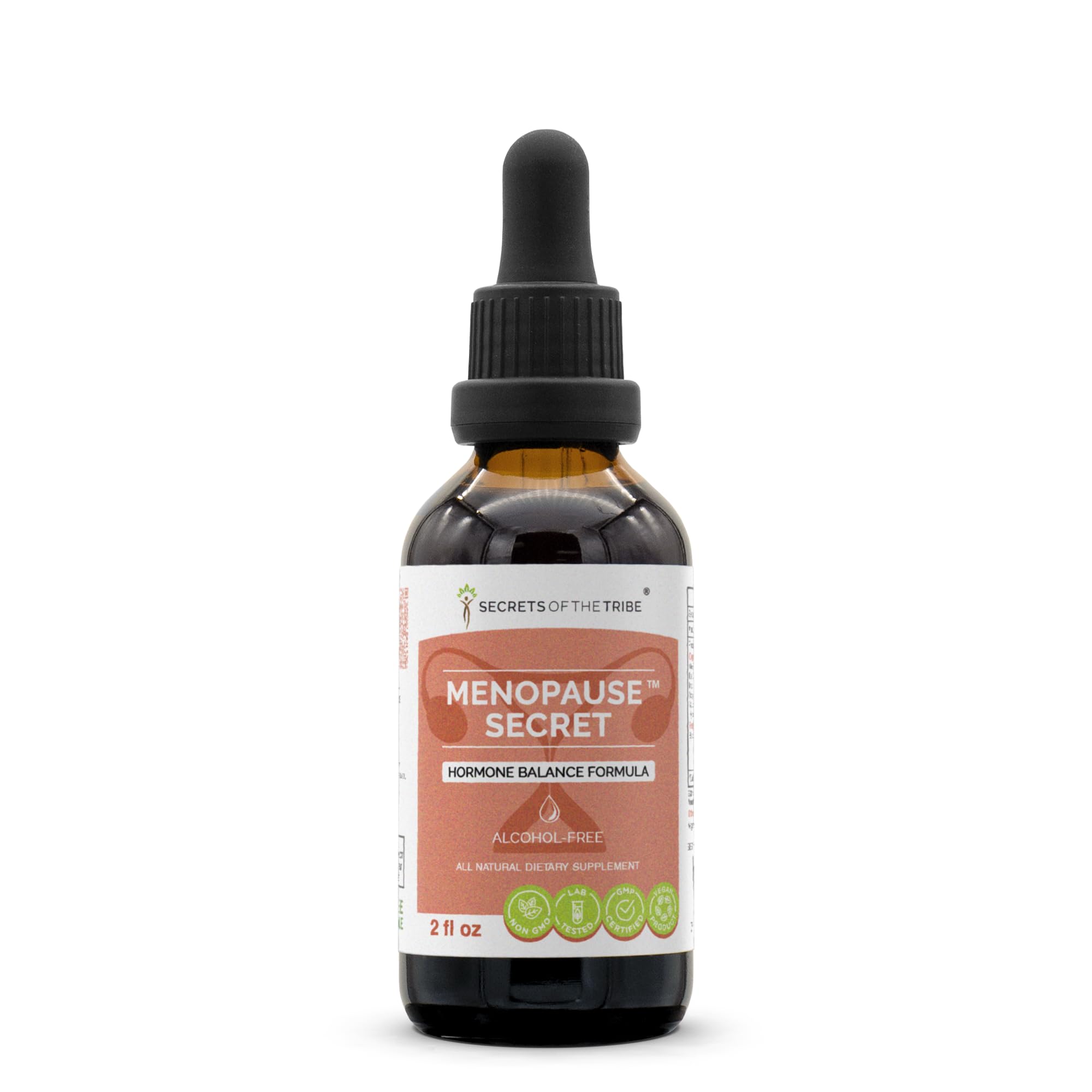 Secrets of the Tribe menopause secret bottle label for daily balance.