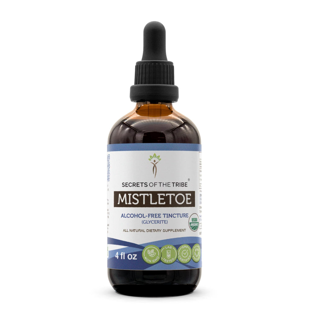 Secrets of the Tribe Mistletoe bottle pour—alcohol-free herbal extract for daily use.