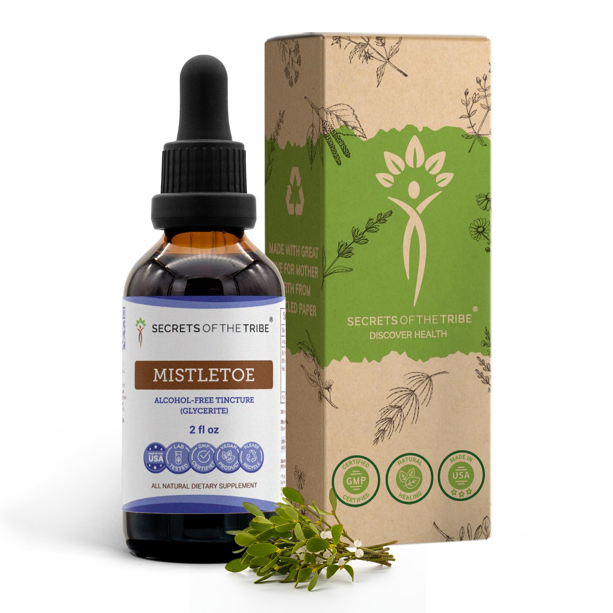 Secrets of the Tribe Mistletoe Tincture bottle showing high-potency extract.