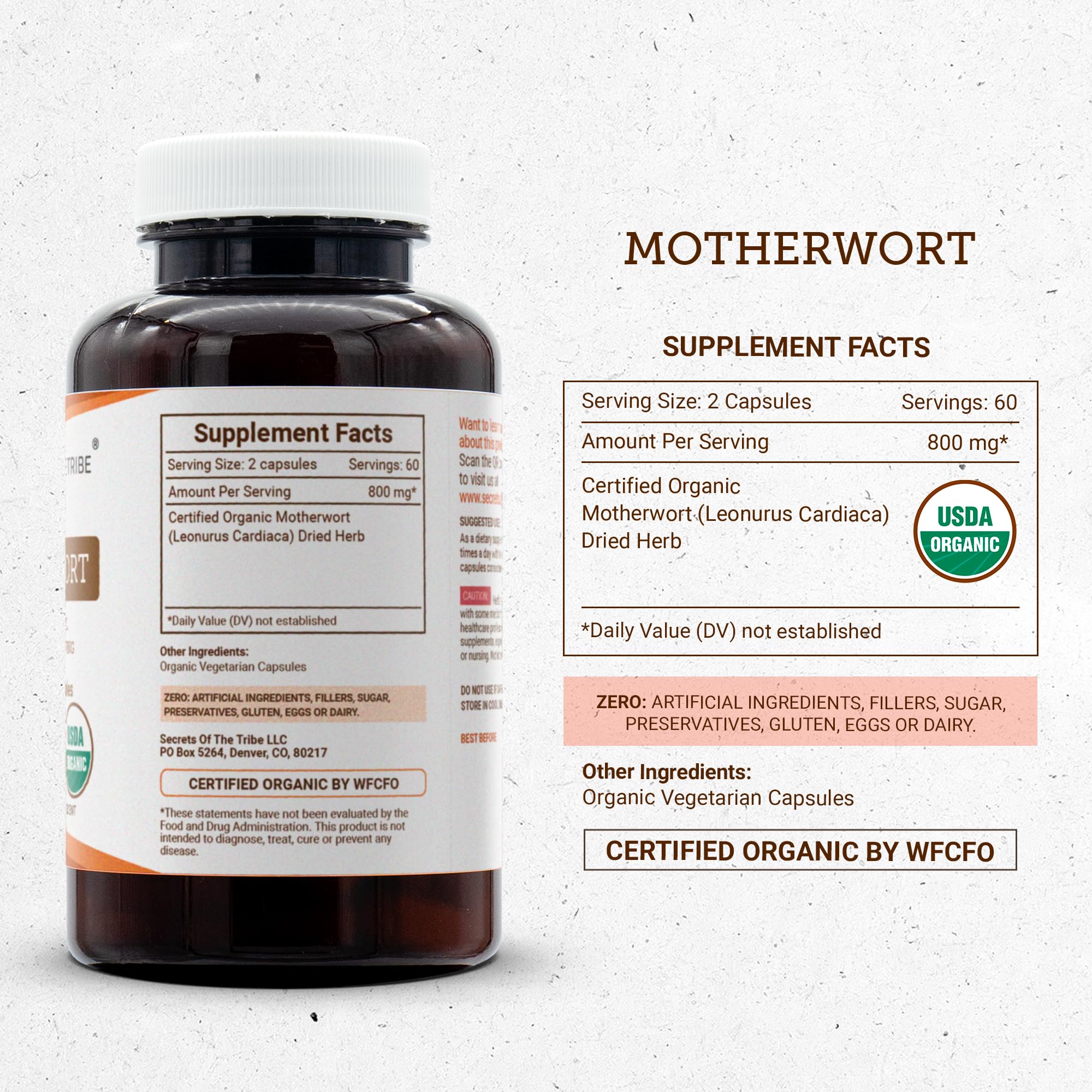 Secrets of the Tribe Motherwort Capsules label detail with organic certification