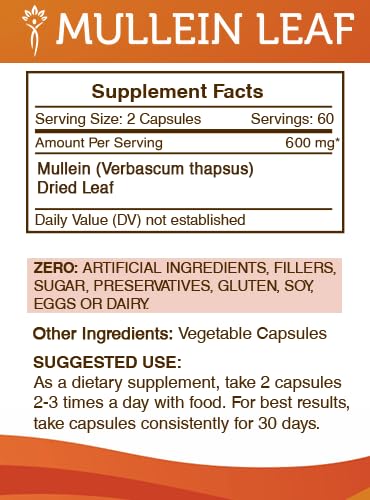 Secrets of the Tribe Mullein Leaf Capsules label-closeup shows pure ingredients and allergen-free profile