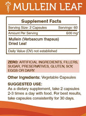 Secrets of the Tribe Mullein Leaf Capsules label-closeup shows pure ingredients and allergen-free profile