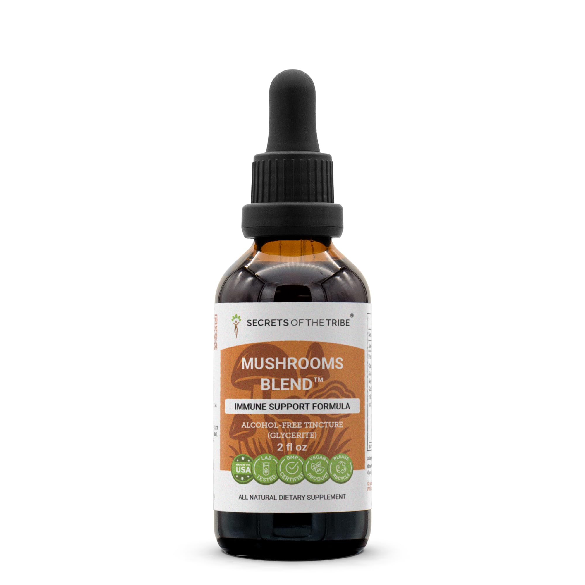 Secrets of the Tribe Mushrooms Blend bottle with dropper for easy, alcohol-free daily use
