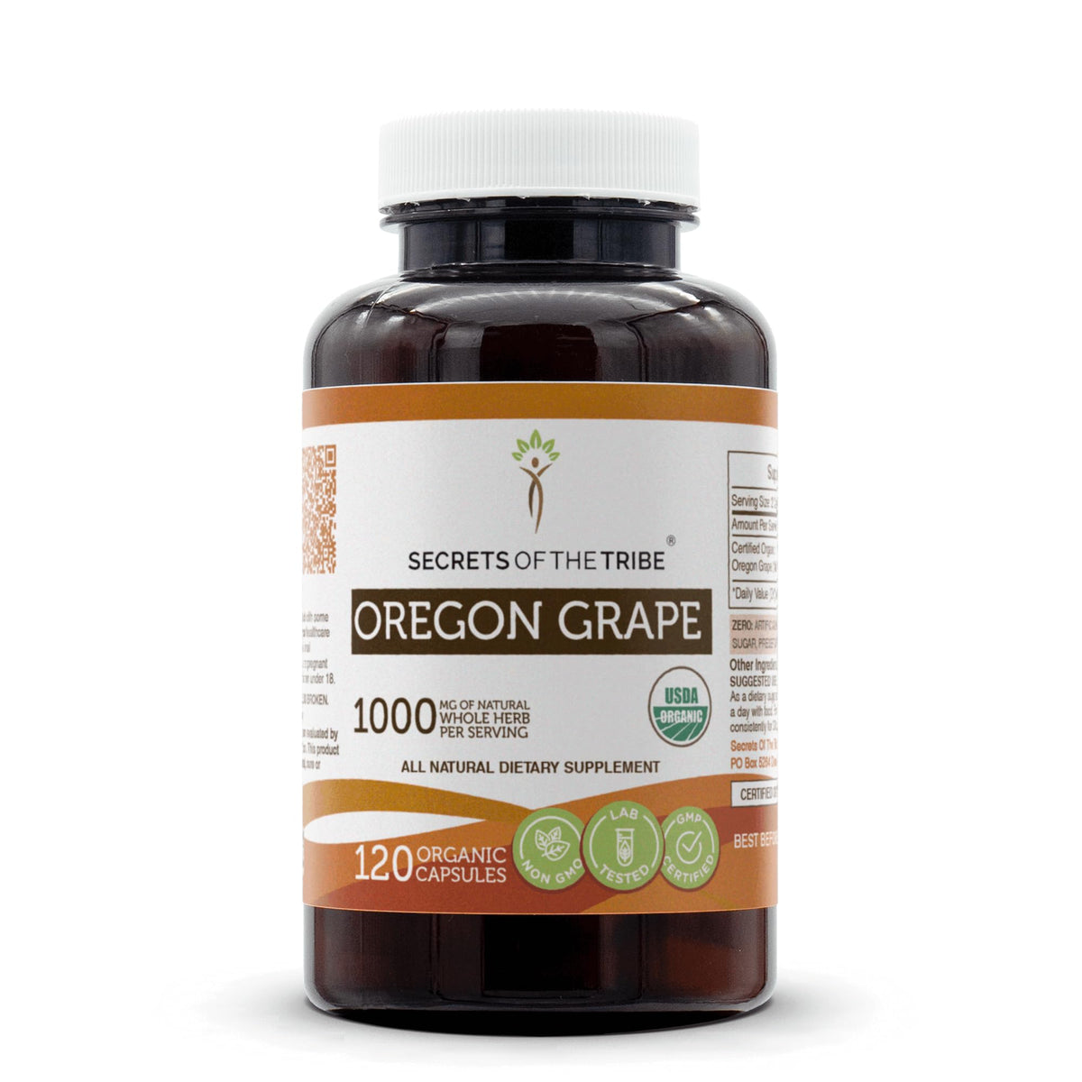 Secrets of the Tribe Oregon Grape capsules in bottle for daily herbal support.