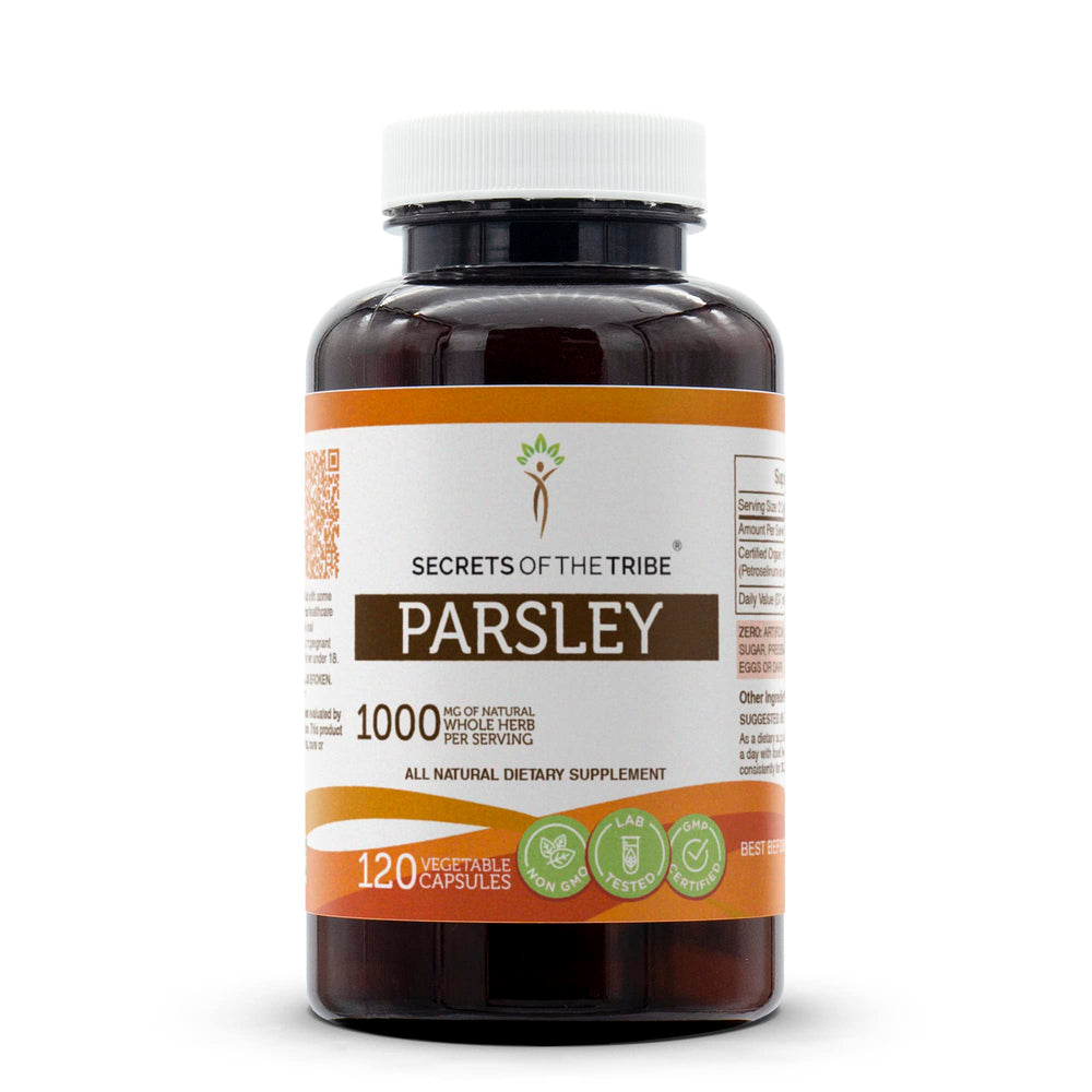 Secrets of the Tribe parsley 120 capsules bottle front with high-potency dried leaf formula.