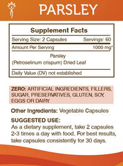 Secrets of the Tribe parsley capsules close-up showing easy-to-swallow format.