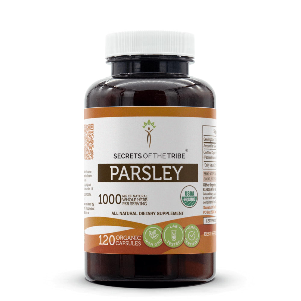 Secrets of the Tribe Parsley USDA Organic bottle, easy-to-swallow vegetarian capsules for daily use.
