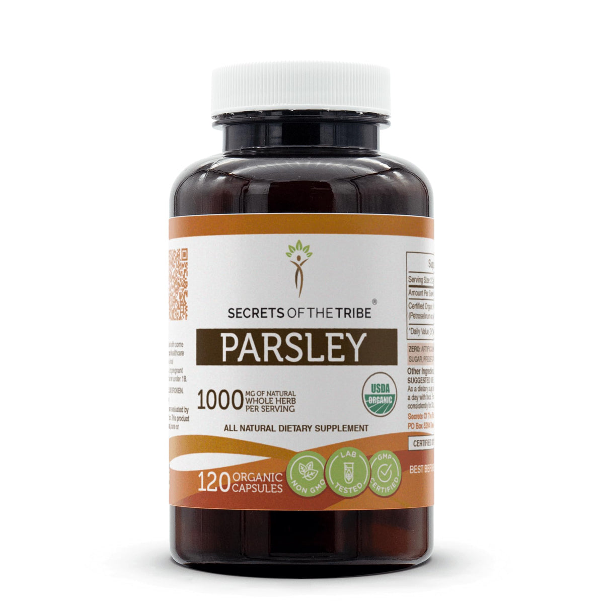 Secrets of the Tribe Parsley USDA Organic bottle, easy-to-swallow vegetarian capsules for daily use.