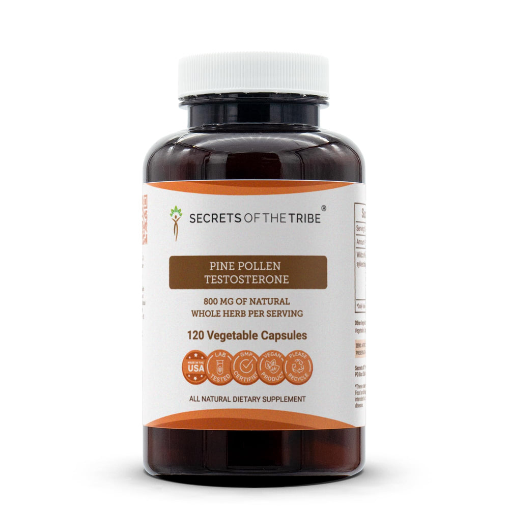 Secrets of the Tribe Pine Pollen Bottle showing natural capsules for daily vitality