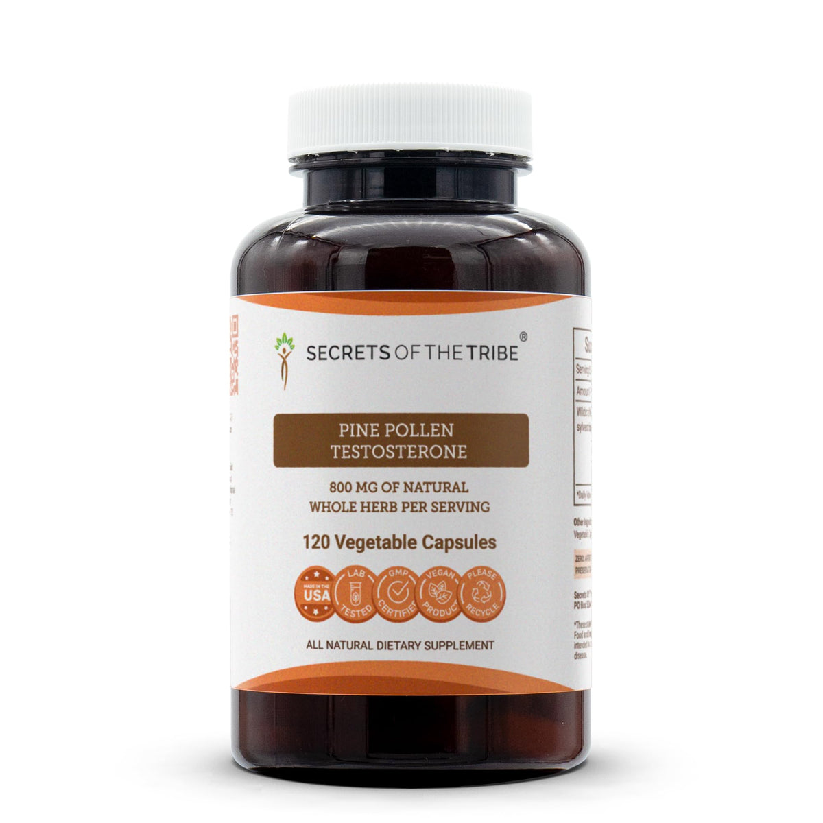 Secrets of the Tribe Pine Pollen Bottle showing natural capsules for daily vitality