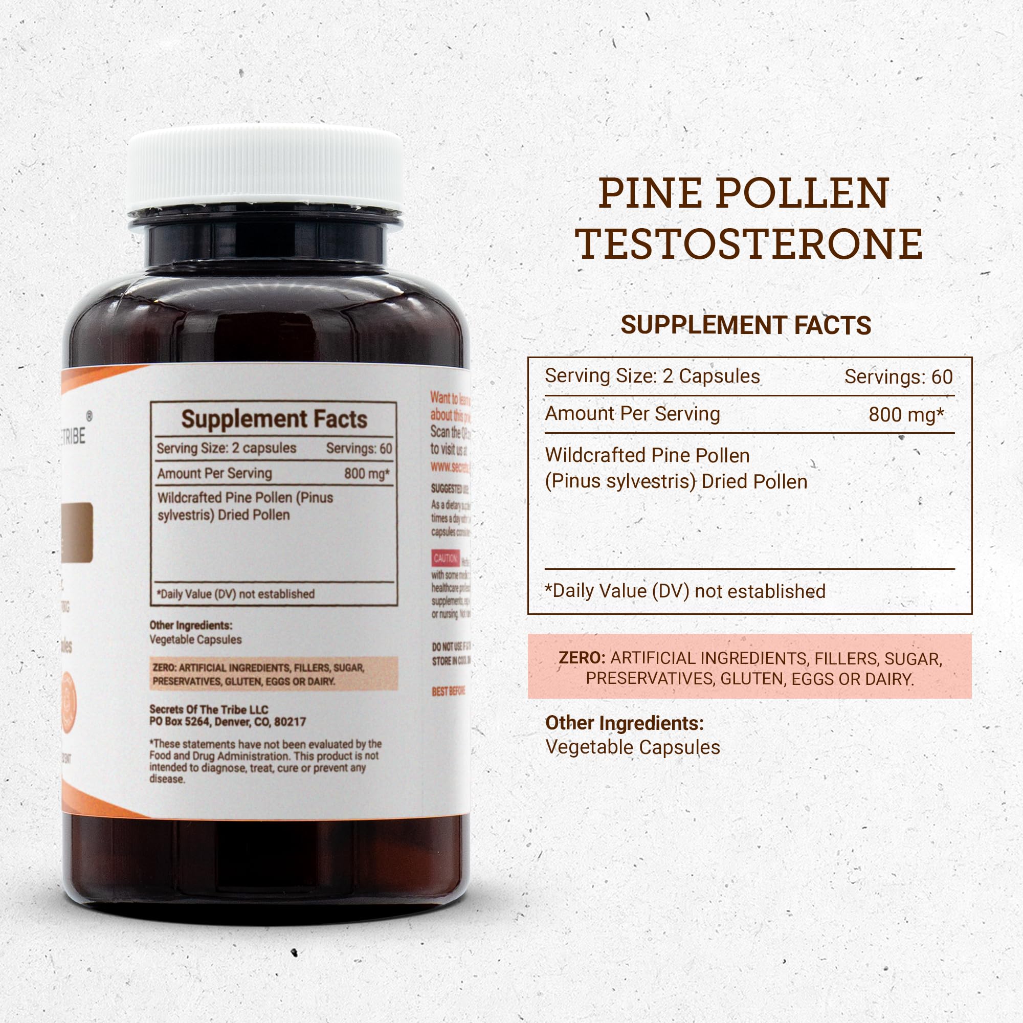 Secrets of the Tribe Pine Pollen label highlighting third-party testing