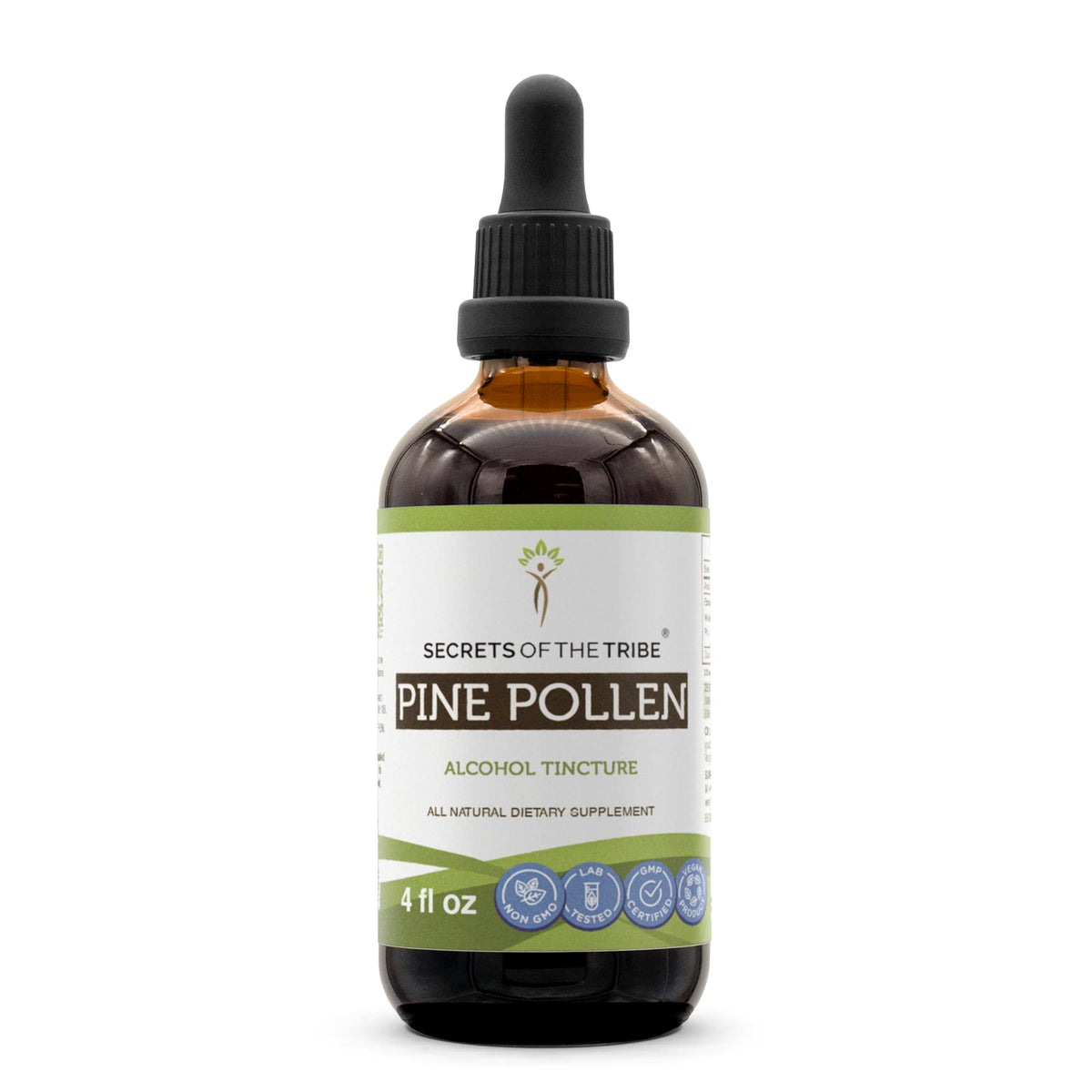 Secrets of the Tribe Pine Pollen Tincture bottle highlights high-potency extract for daily support