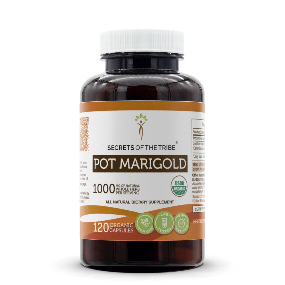 Secrets of the Tribe Pot Marigold bottle pour—easy-to-swallow vegetarian capsules.