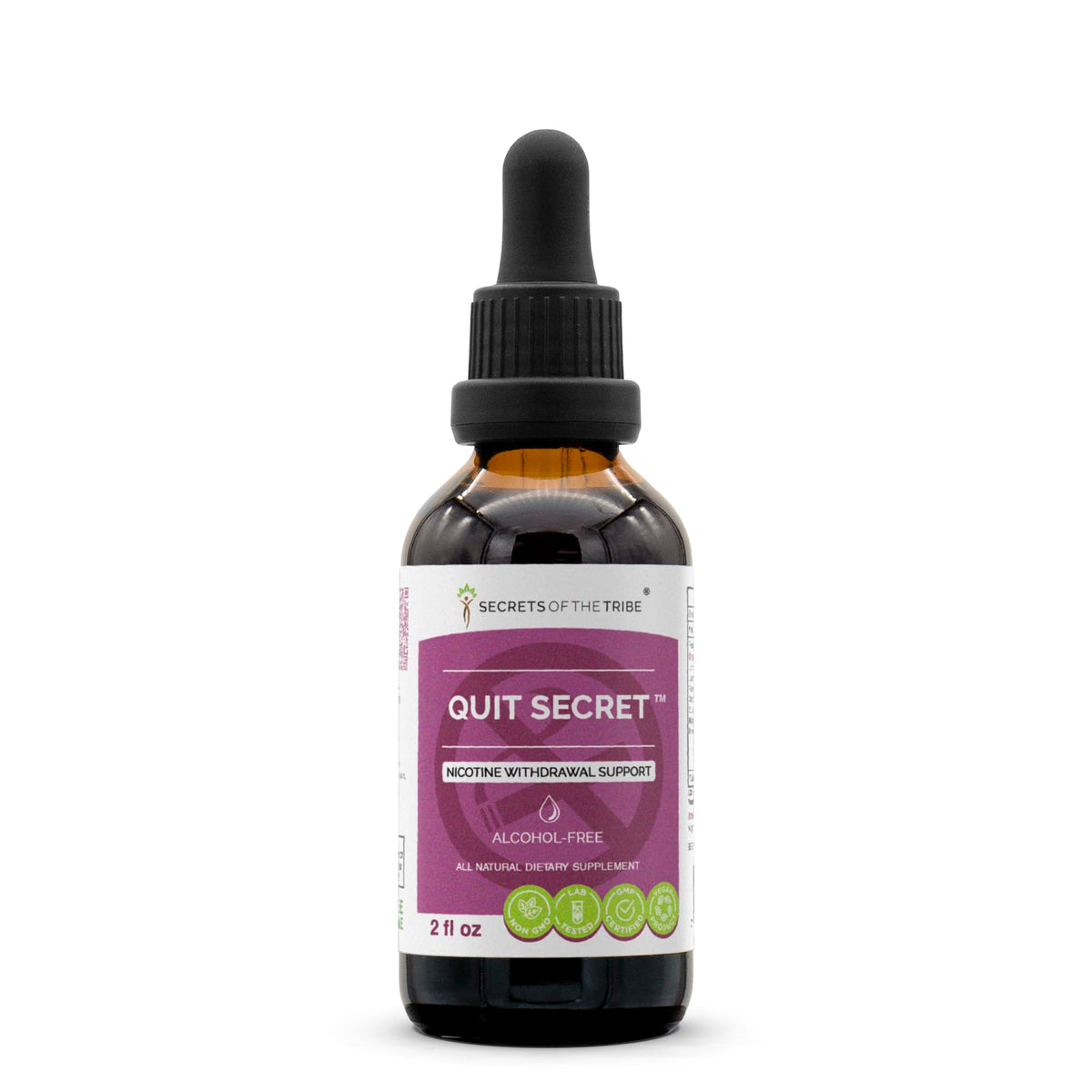 Secrets of the Tribe Quit Secret extract bottle label showing branding and product type