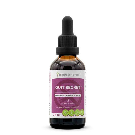 Secrets of the Tribe Quit Secret extract bottle label showing branding and product type