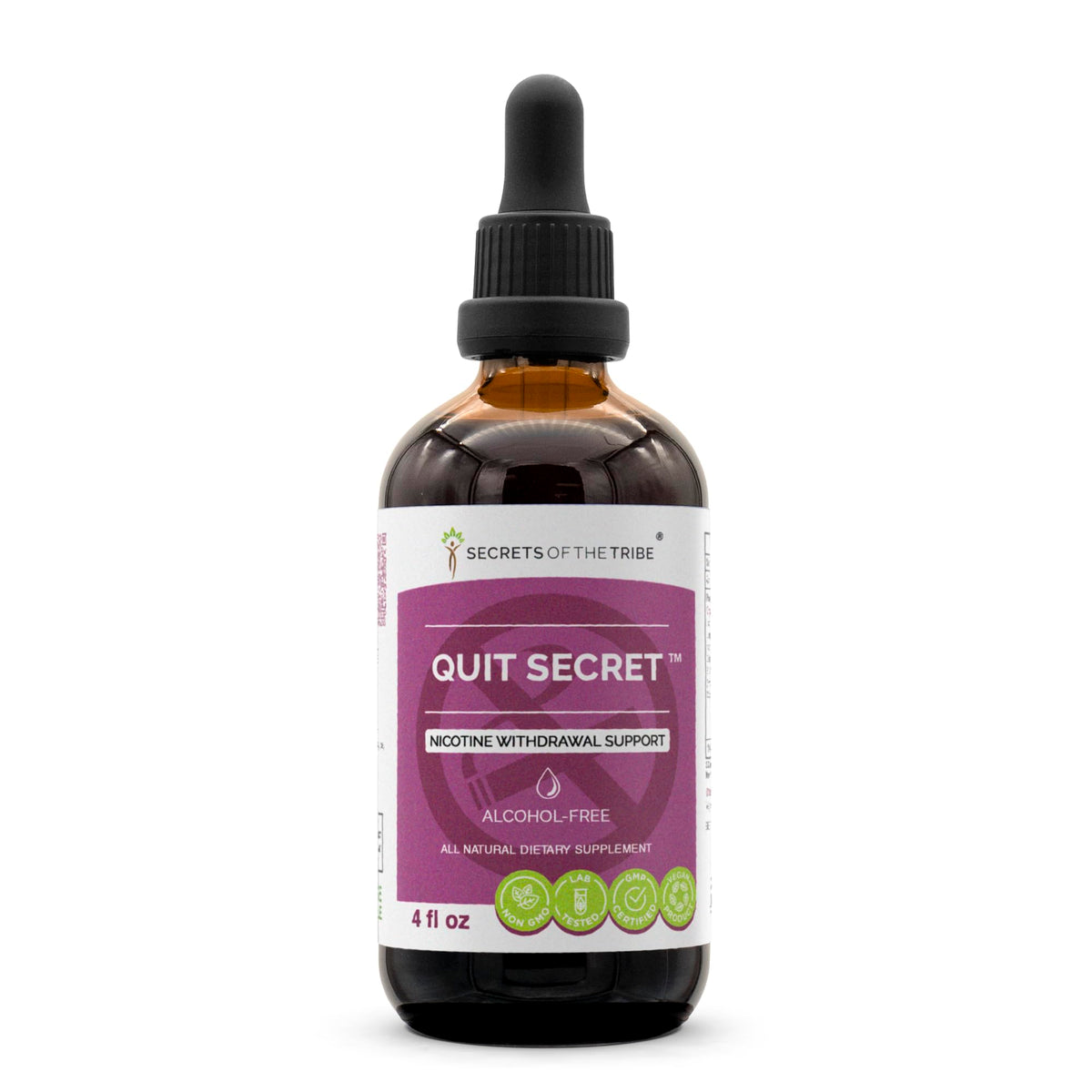 Secrets of the Tribe Quit Secret bottle showing alcohol-free herbal glycerite for daily use.