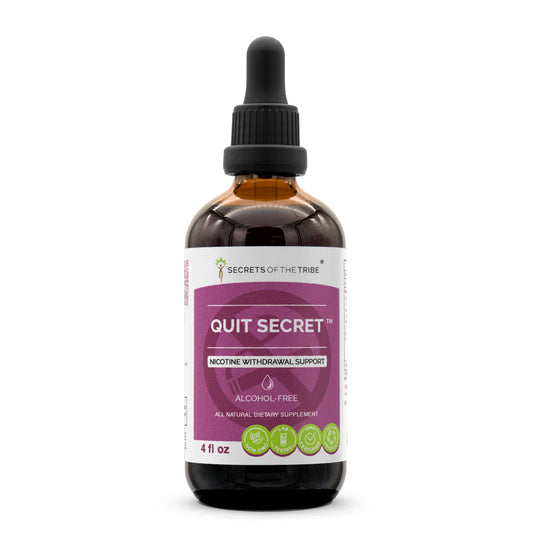 Secrets of the Tribe Quit Secret bottle showing alcohol-free herbal glycerite for daily use.
