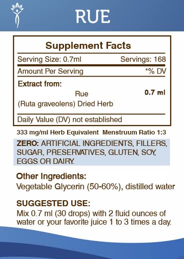 Secrets of the Tribe Rue label closeup highlights purity and quality assurance.