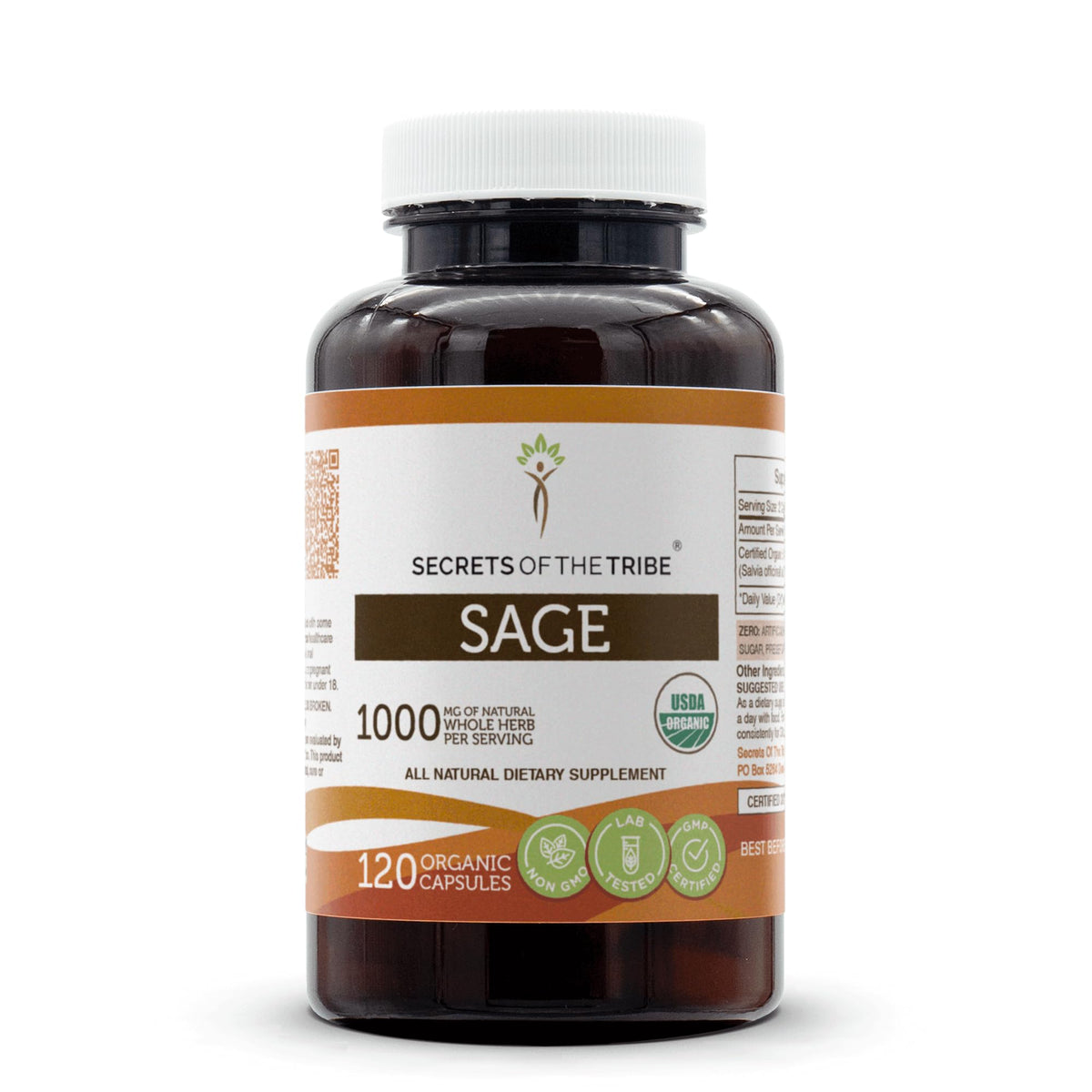 Secrets of the Tribe Sage capsules bottle with organic certification symbol for easy daily use