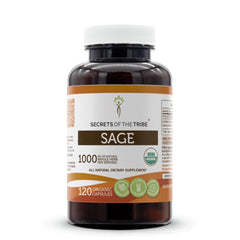 Secrets of the Tribe Sage capsules bottle with organic certification symbol for easy daily use