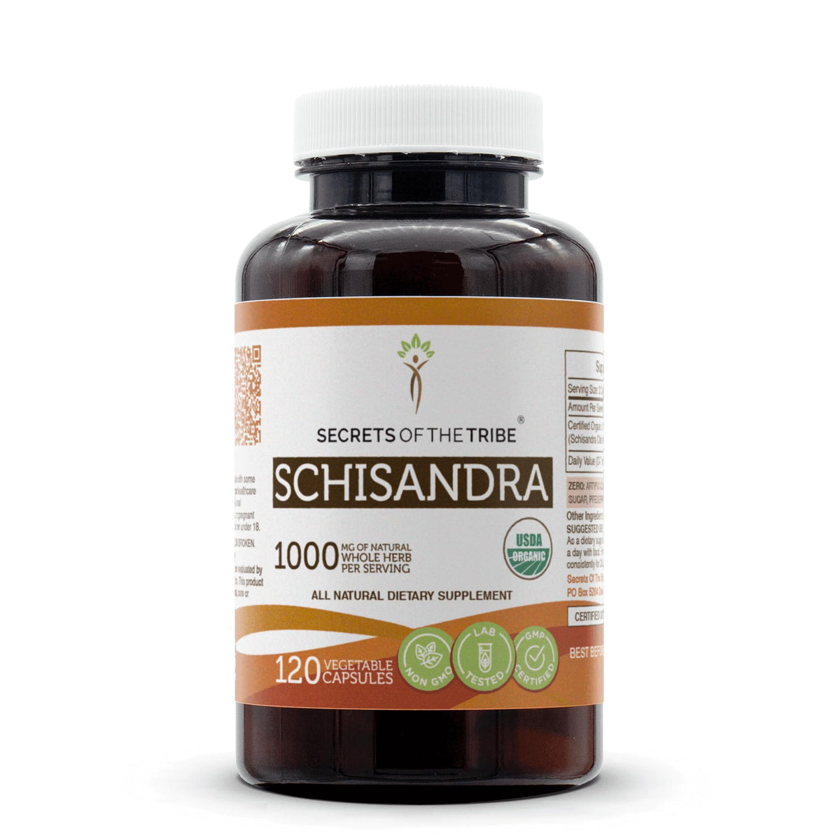 Secrets of the Tribe Schisandra organic capsules bottle front with certification.