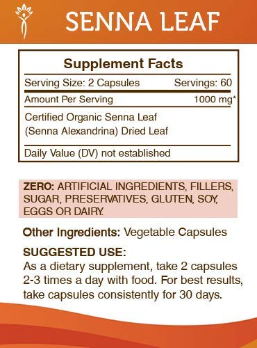 Secrets of the Tribe Senna Leaf label close-up highlighting purity and safety.