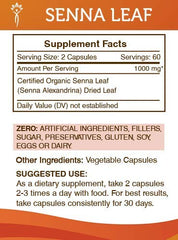 Secrets of the Tribe Senna Leaf label close-up highlighting purity and safety.