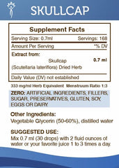 Label of Secrets of the Tribe Skullcap Tincture highlights purity and alcohol-free extract.