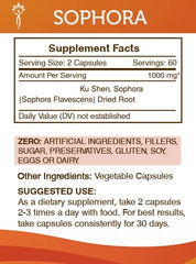 Secrets of the Tribe Sophora 120 capsules label highlights purity and clean ingredients.