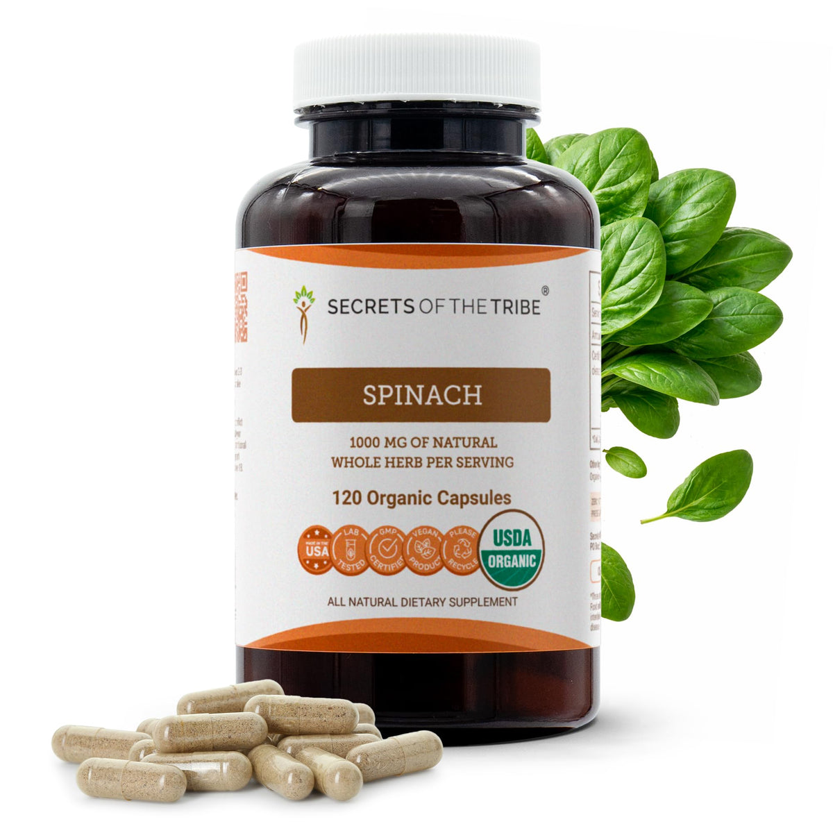Secrets of the Tribe Spinach dried leaf capsules in a 120-count bottle for daily dietary support.