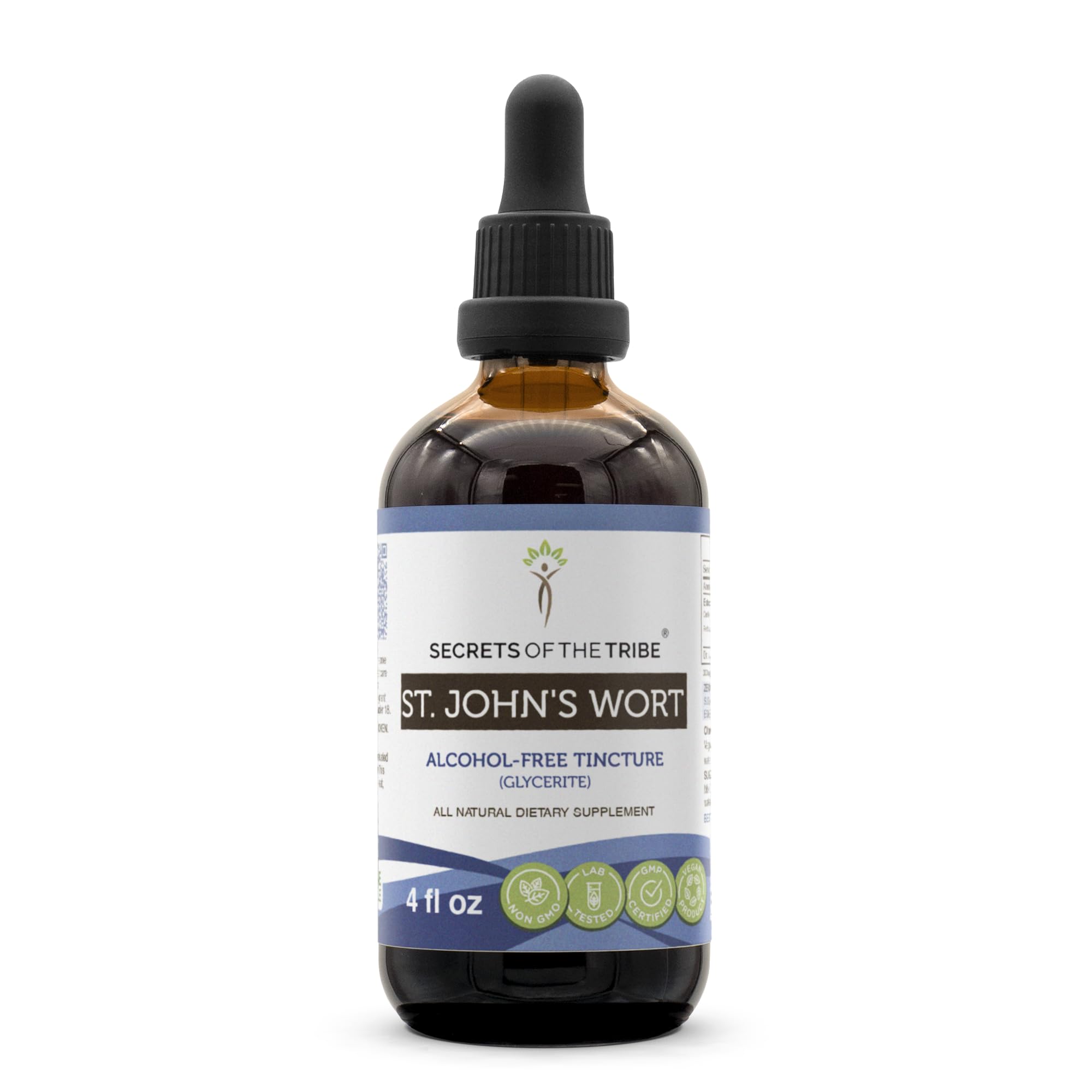 Secrets of the Tribe St. John's Wort tincture bottle front showing branding and purity