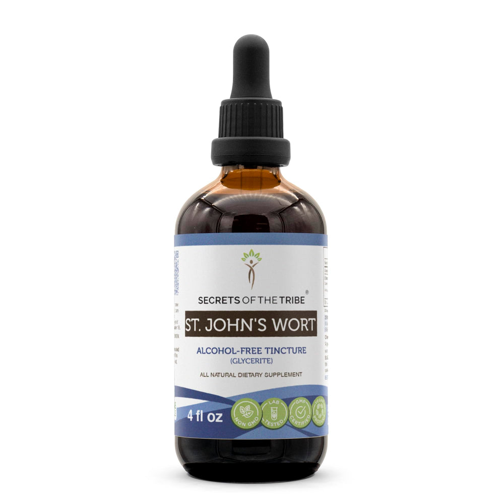 Secrets of the Tribe St. John's Wort tincture bottle front showing branding and purity