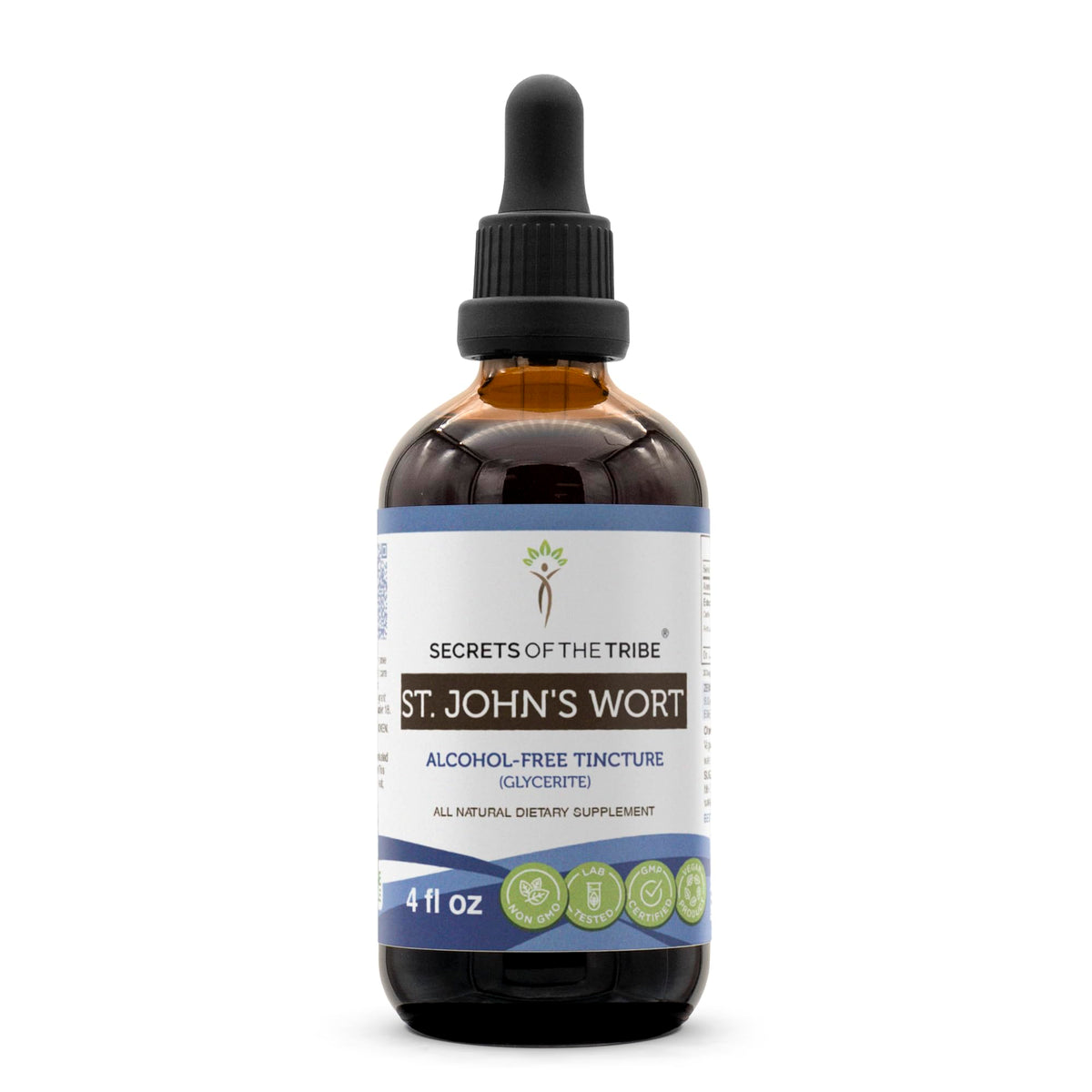 Secrets of the Tribe St. John's Wort tincture bottle front showing branding and purity