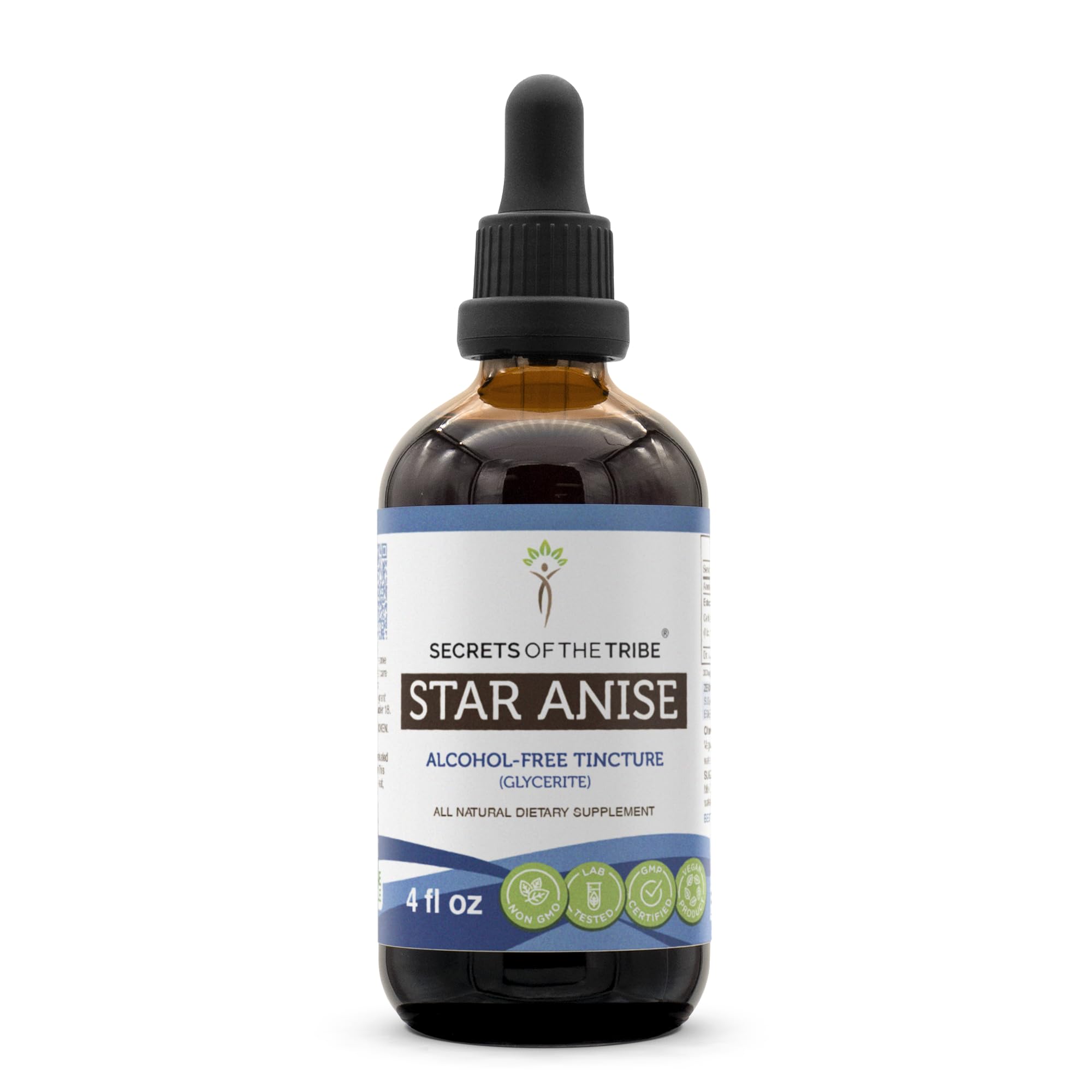 Secrets of the Tribe star anise tincture bottle with dropper for easy dosing and alcohol-free formula.