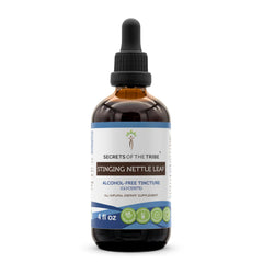 Secrets of the Tribe nettle tincture bottle front label, alcohol-free glycerite for pure botanicals.