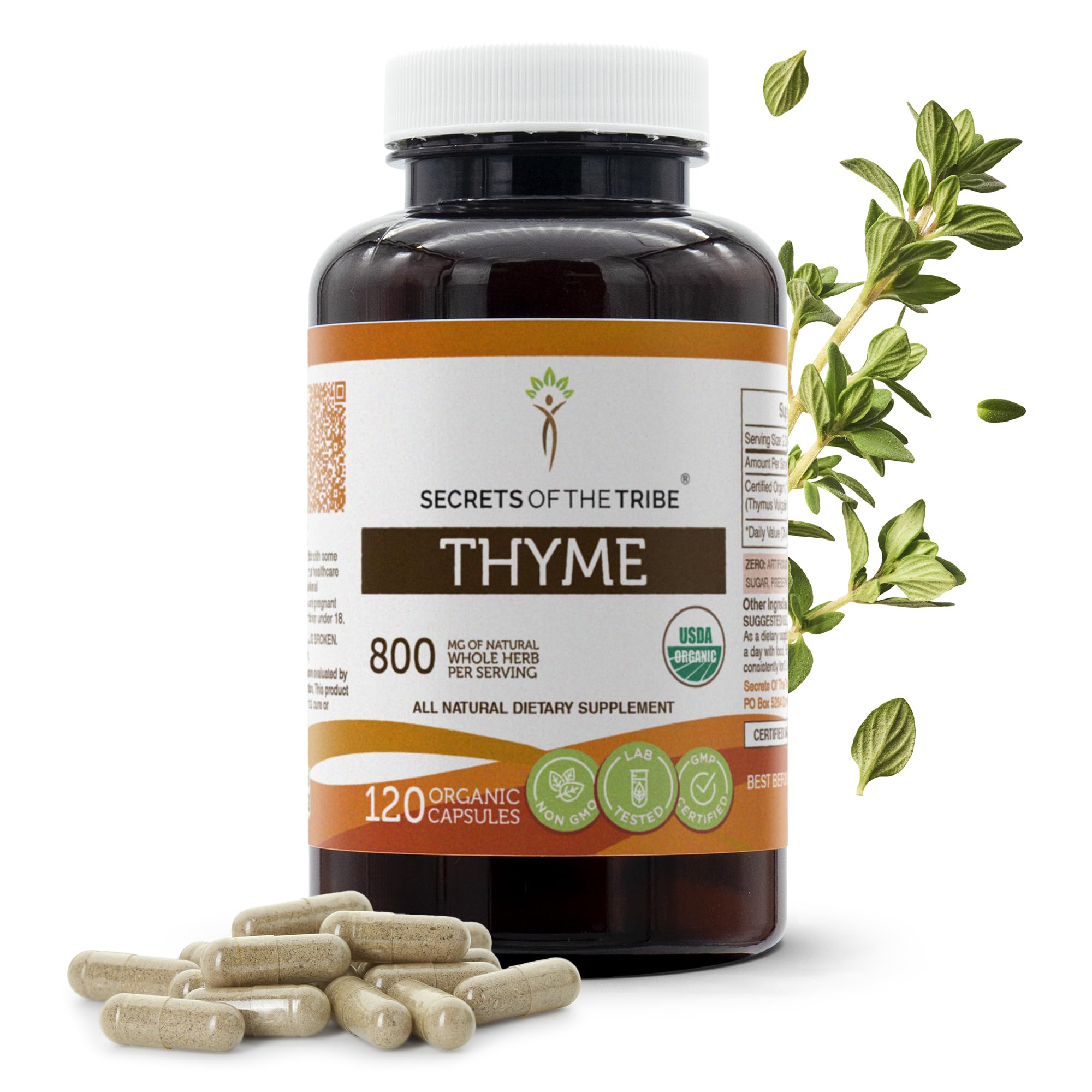 Secrets of the Tribe thyme capsules bottle pour for daily supplement use