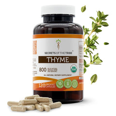 Secrets of the Tribe thyme capsules bottle pour for daily supplement use