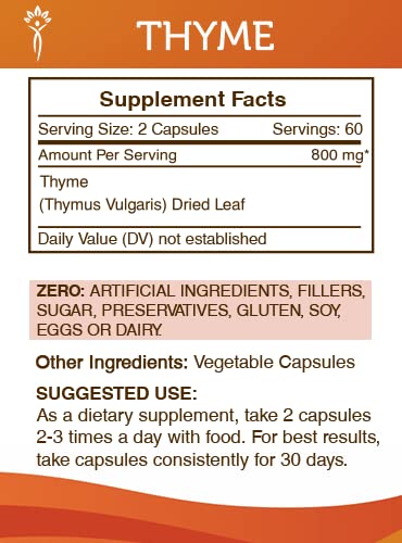 Secrets of the Tribe Thyme capsules pouring into hand, convenient plant-based nutrition.
