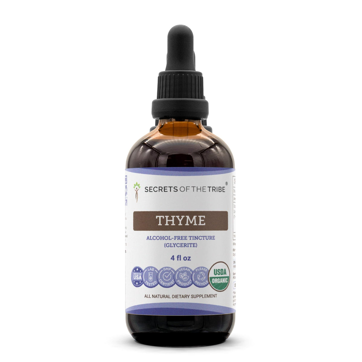 Secrets of the Tribe Thyme USDA Organic bottle shows pure, potent drops for daily wellness.