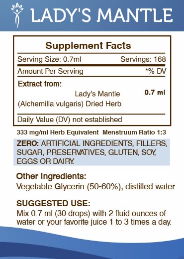 Secrets of the Tribe Ladys Mantle tincture pouring image emphasizing alcohol-free liquid extract